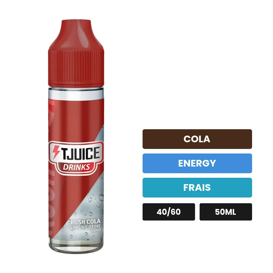 E-liquide T-Juice Drinks - Rush Cola, 50 ml, saveurs cola, energy et frais.