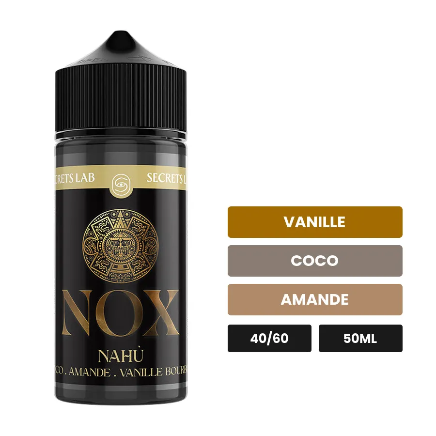 E-liquide Nahù de Secret's Lab, 50 ml, saveurs vanille, coco et amande.