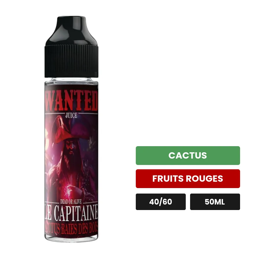 E-liquide Le Capitaine de Wanted Juice, 50 ml, saveurs cactus et fruits rouges.