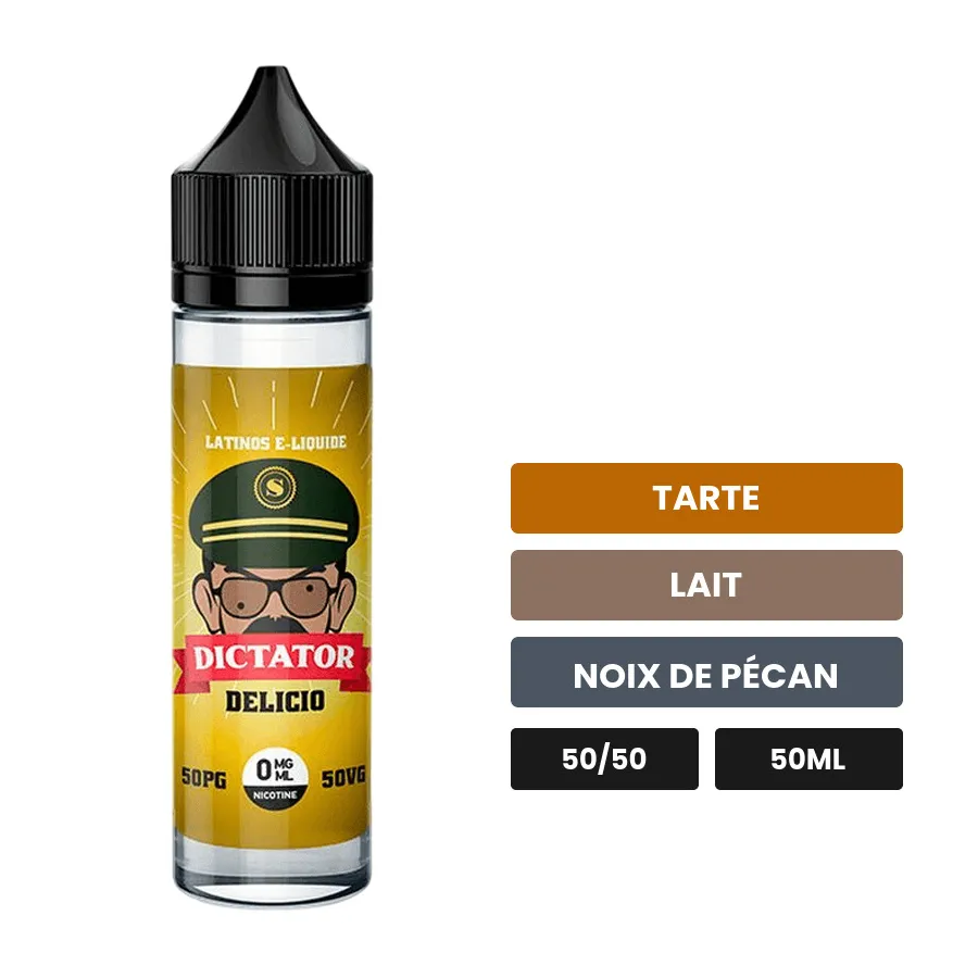 E-liquide Delicio dictator (v 1212) de Savourea, 50 ml, saveurs tarte, lait et noix de pécan.