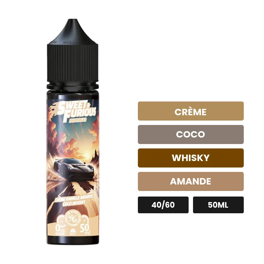E-liquide Super Car de Vape Maker, 50 ml, saveurs crème, coco, whisky et 1 autre.