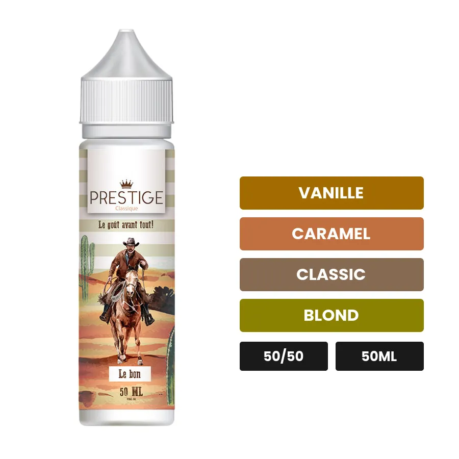 E-liquide Le Bon de Prestige, 50 ml, saveurs vanille, caramel, classic et 1 autre.