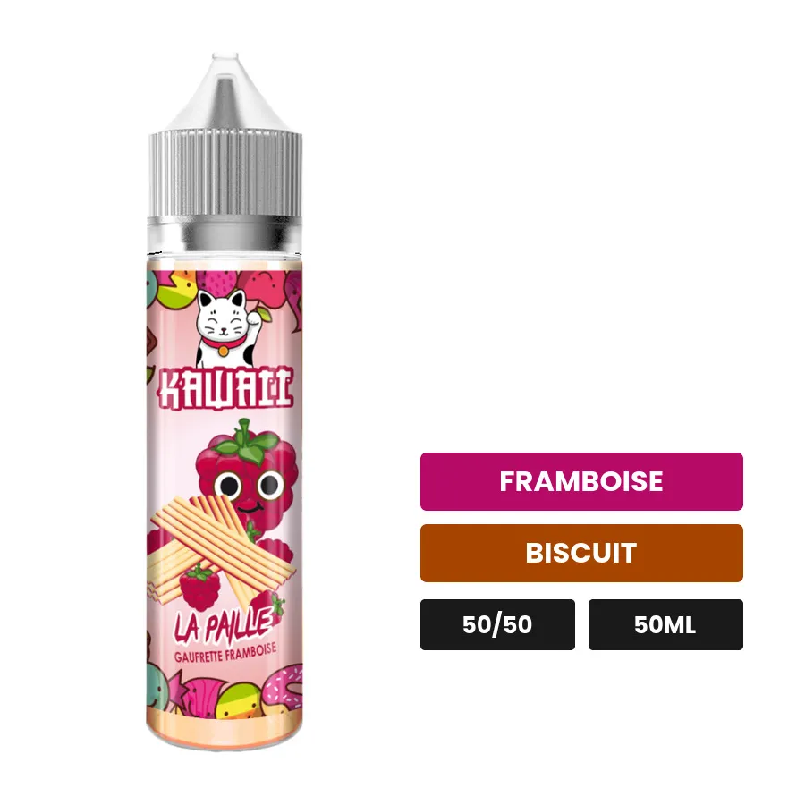 E-liquide La Paille de Kawaii, 50 ml, saveurs framboise et biscuit.