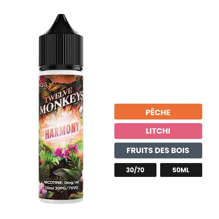 E-liquide Harmony de 12 Monkeys, 50 ml, saveurs pêche, litchi et fruits des bois.
