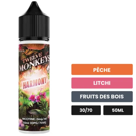 E-liquide Harmony de 12 Monkeys, 50 ml, saveurs pêche, litchi et fruits des bois.