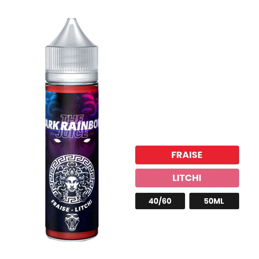 E-liquide Dark Rainbow de The MDS Juice, 50 ml, saveurs fraise et litchi.
