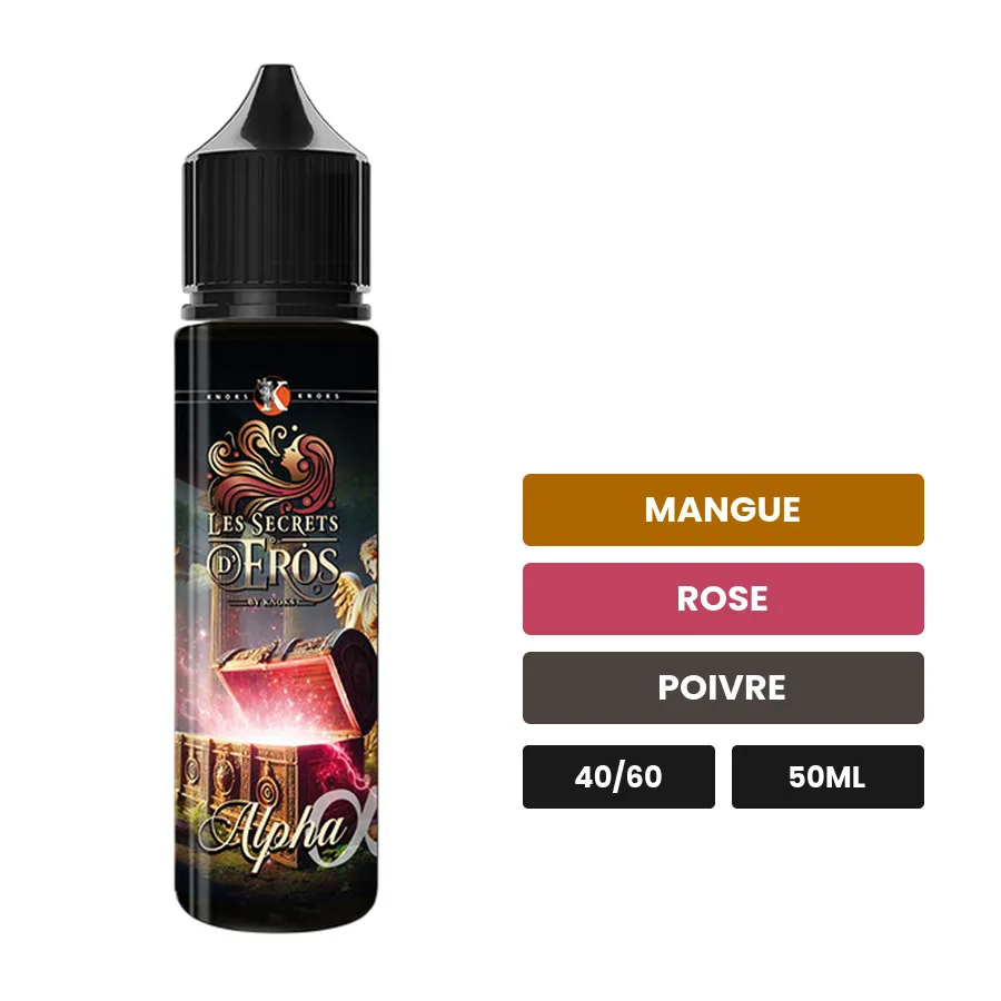 E-liquide Alpha de Knoks, 50 ml, saveurs mangue, rose et poivre.