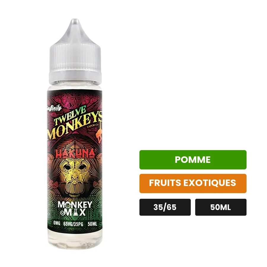 E-liquide Hakuna Monkey Mix de 12 Monkeys, 50 ml, saveurs pomme et fruits exotiques.
