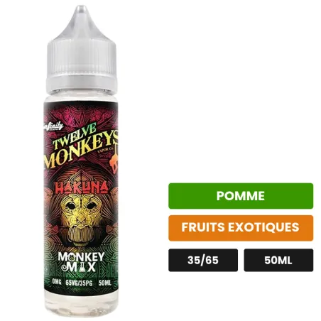 E-liquide Hakuna Monkey Mix de 12 Monkeys, 50 ml, saveurs pomme et fruits exotiques.