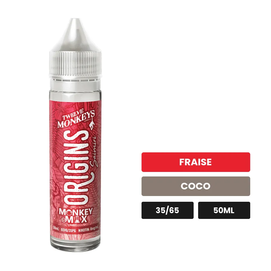 E-liquide Saimiri - Origins de 12 Monkeys, 50 ml, saveurs fraise et coco.