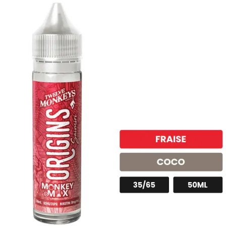 E-liquide Saimiri - Origins de 12 Monkeys, 50 ml, saveurs fraise et coco.