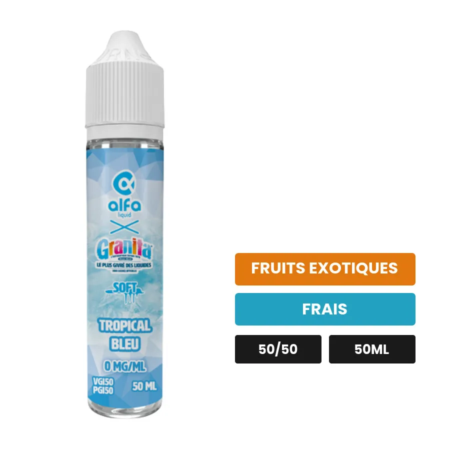 E-liquide Tropical Bleu d'Alfaliquid, 50 ml, saveurs fruits exotiques et frais.