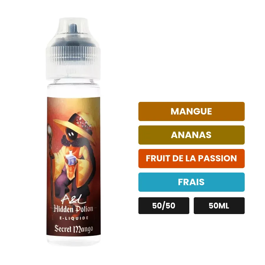 E-liquide Secret Mango d'A&l, 50 ml, saveurs mangue, ananas, fruit de la passion et 1 autre.