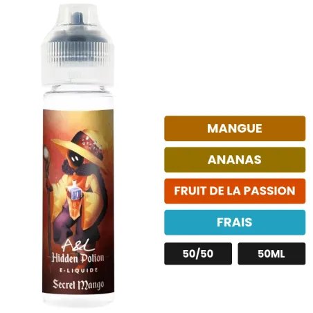 E-liquide Secret Mango d'A&l, 50 ml, saveurs mangue, ananas, fruit de la passion et 1 autre.