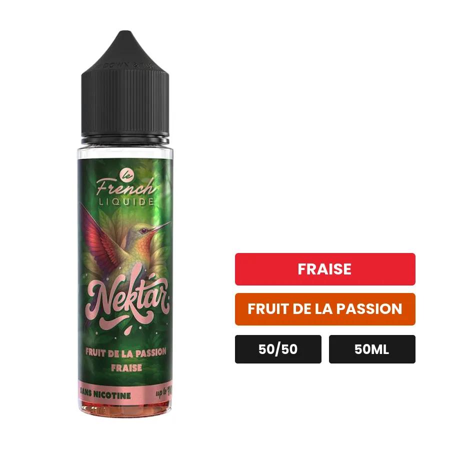 E-liquide Fruit De La Passion Fraise de Le French Liquide, 50 ml, saveurs fraise et fruit de la passion.