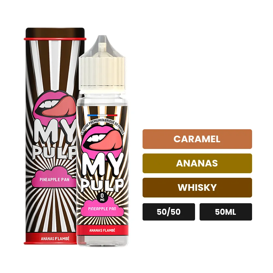 E-liquide Pineapple Plan de Pulp, 50 ml, saveurs caramel, ananas et whisky.