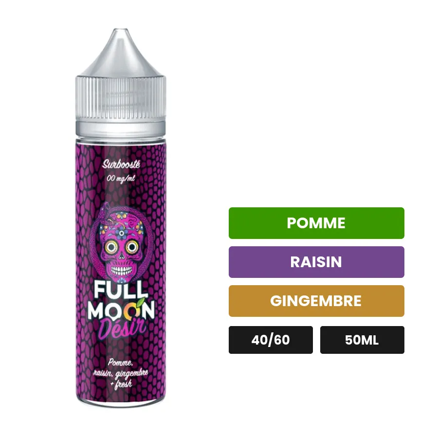 E-liquide Désir de Full Moon, 50 ml, saveurs pomme, raisin et gingembre.