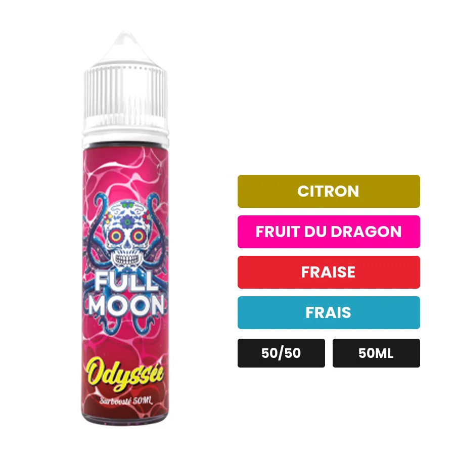 E-liquide Odyssée de Full Moon, 50 ml, saveurs citron, fruit du dragon, fraise et 1 autre, sans nicotine — prêt à booster de.
