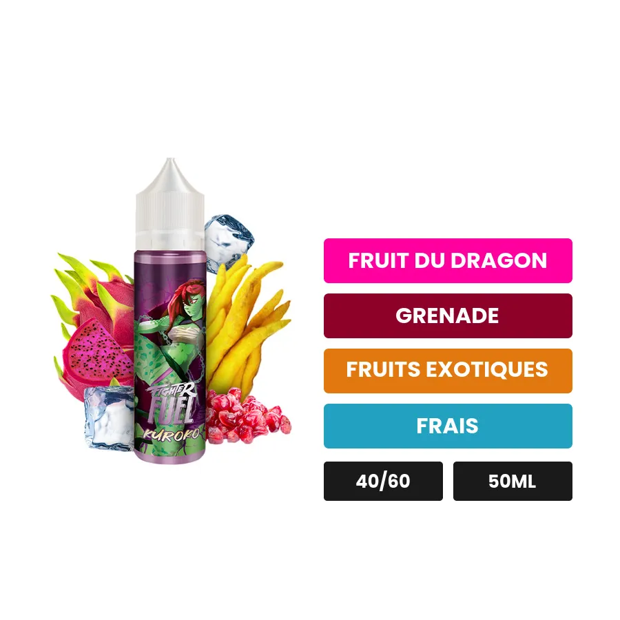 E-liquide Kuroko de Maison Fuel, 50 ml, saveurs fruit du dragon, grenade, fruits exotiques et 1 autre, sans nicotine — prêt.
