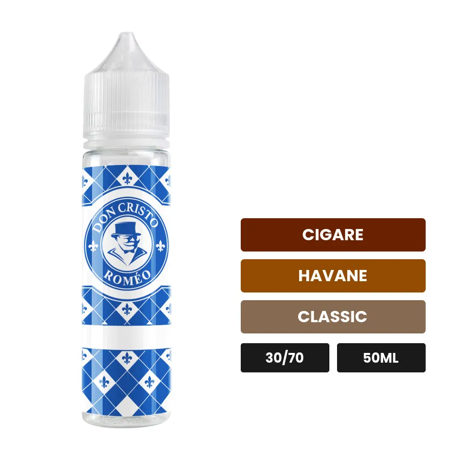 E-liquide Don Cristo Romeo de PGVG Labs, 50 ml, saveurs cigare, havane et classic, sans nicotine — prêt à booster de nicotine.