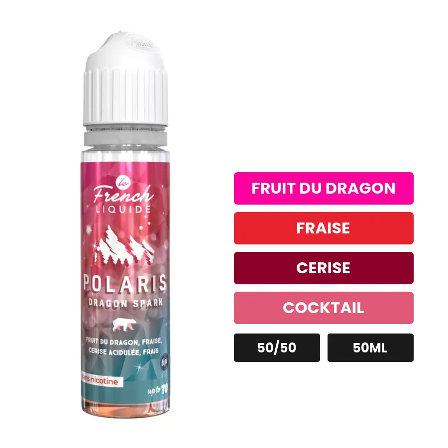 E-liquide Dragon Spark de Le French Liquide, 50 ml, saveurs fruit du dragon, fraise, cerise et 2 autres, sans nicotine —.