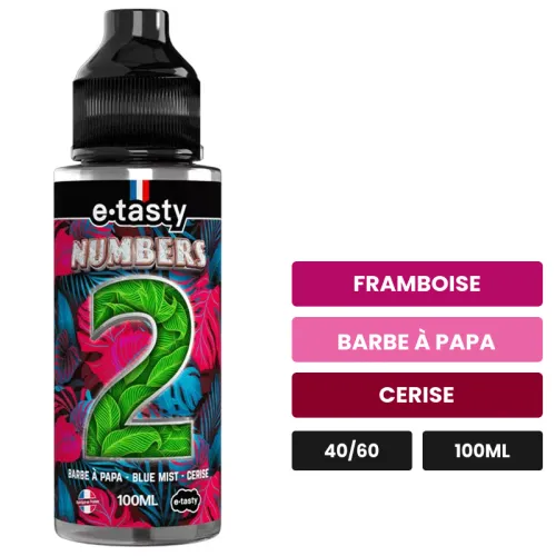 E-liquide Numbers Deux d'E.Tasty, 100 ml, saveurs framboise, barbe à papa et cerise, sans nicotine — prêt à booster de.