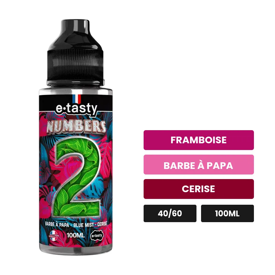 E-liquide Numbers Deux d'E.Tasty, 100 ml, saveurs framboise, barbe à papa et cerise, sans nicotine — prêt à booster de.