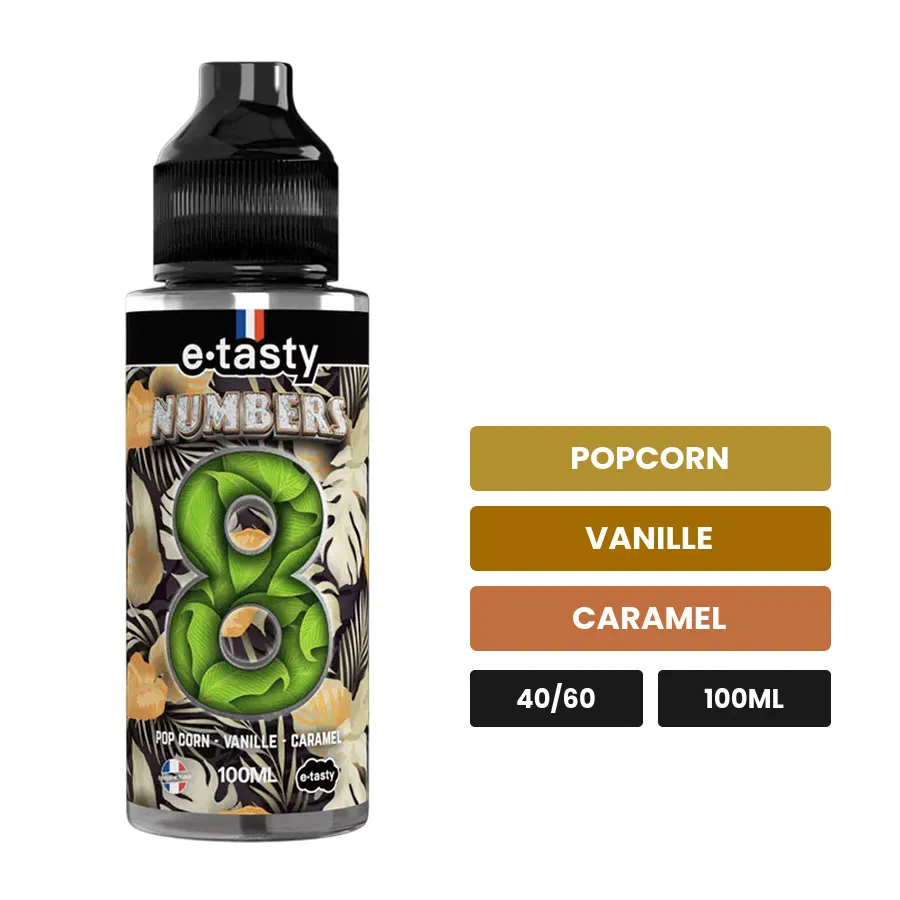 E-liquide Numbers Huit d'E.Tasty, 100 ml, saveurs popcorn, vanille et caramel, sans nicotine — prêt à booster de nicotine.