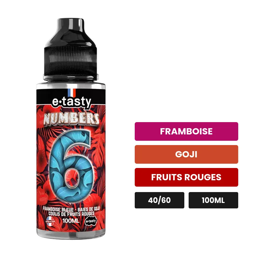 E-liquide Numbers Six d'E.Tasty, 100 ml, saveurs framboise, goji et fruits rouges, sans nicotine — prêt à booster de nicotine.