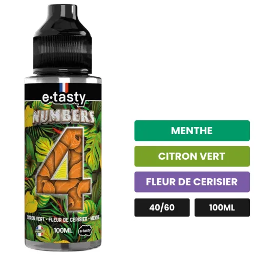 E-liquide Numbers Quatre d'E.Tasty, 100 ml, saveurs menthe, citron vert et fleur de cerisier, sans nicotine — prêt à booster.