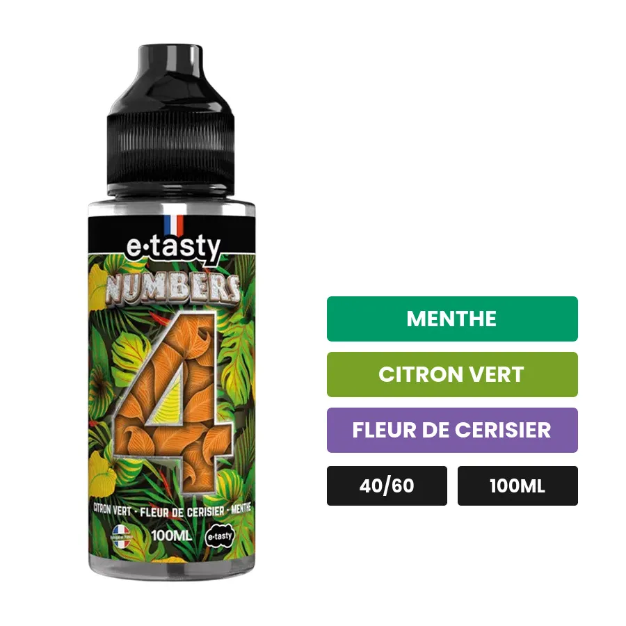 E-liquide Numbers Quatre d'E.Tasty, 100 ml, saveurs menthe, citron vert et fleur de cerisier, sans nicotine — prêt à booster.