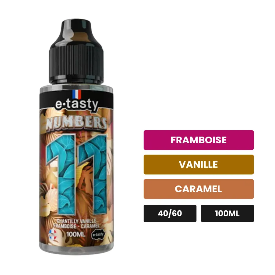 E-liquide Numbers Onze d'E.Tasty, 100 ml, saveurs framboise, vanille et caramel, sans nicotine — prêt à booster de nicotine.