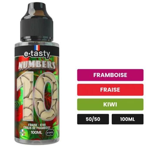 E-liquide Numbers 10 - E.tasty, 100 ml, saveurs framboise, fraise et kiwi, sans nicotine — prêt à booster de nicotine.