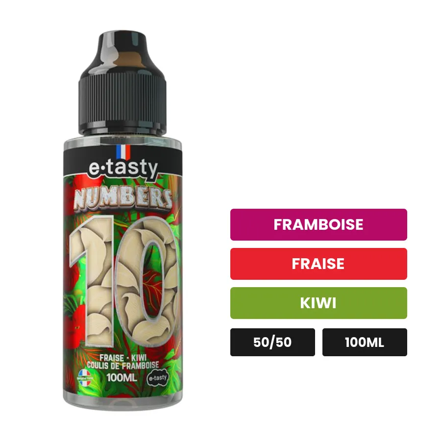 E-liquide Numbers 10 - E.tasty, 100 ml, saveurs framboise, fraise et kiwi, sans nicotine — prêt à booster de nicotine.