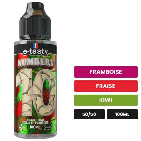 E-liquide Numbers 10 - E.tasty, 100 ml, saveurs framboise, fraise et kiwi, sans nicotine — prêt à booster de nicotine.