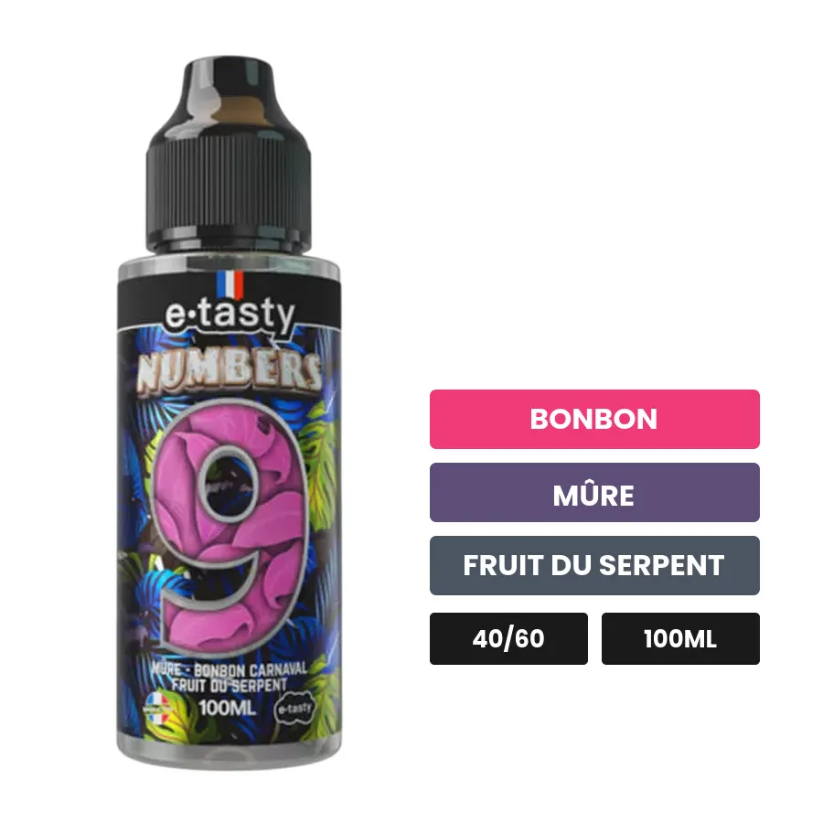 E-liquide Numbers Neuf d'E.Tasty, 100 ml, saveurs bonbon, mûre et fruit du serpent, sans nicotine — prêt à booster de.
