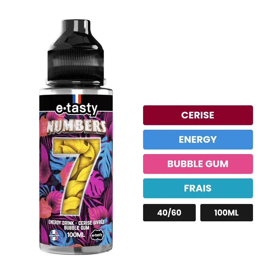 E-liquide Numbers Sept d'E.Tasty, 100 ml, saveurs cerise, energy, bubble gum et 1 autre, sans nicotine — prêt à booster de.