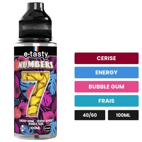 E-liquide Numbers Sept d'E.Tasty, 100 ml, saveurs cerise, energy, bubble gum et 1 autre, sans nicotine — prêt à booster de.