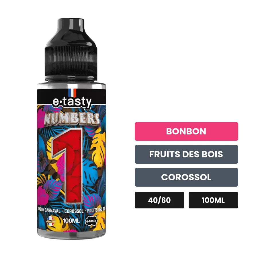 E-liquide Numbers 1 - E.tasty, 100 ml, saveurs bonbon, fruits des bois et corossol, sans nicotine — prêt à booster de.