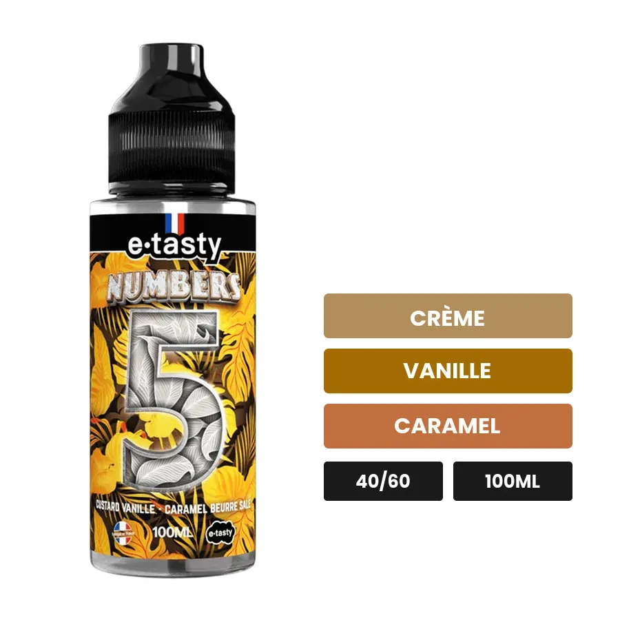 E-liquide Numbers Cinq d'E.Tasty, 100 ml, saveurs crème, vanille et caramel, sans nicotine — prêt à booster de nicotine.