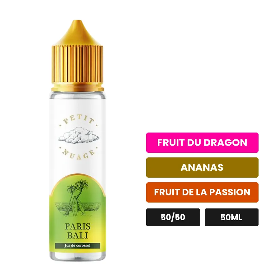 E-liquide Paris Bali de Petit Nuage, 50 ml, saveurs fruit du dragon, ananas et fruit de la passion, sans nicotine — prêt à.