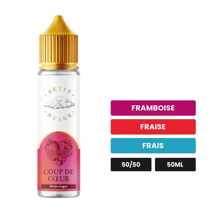E-liquide Coup De Coeur de Petit Nuage, 50 ml, saveurs framboise, fraise et frais, sans nicotine — prêt à booster de nicotine.