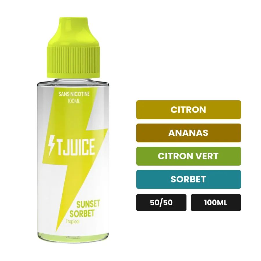 E-liquide Sunset Sorbet de T-Juice, 100 ml, saveurs citron, ananas, citron vert et 1 autre, sans nicotine — prêt à booster.