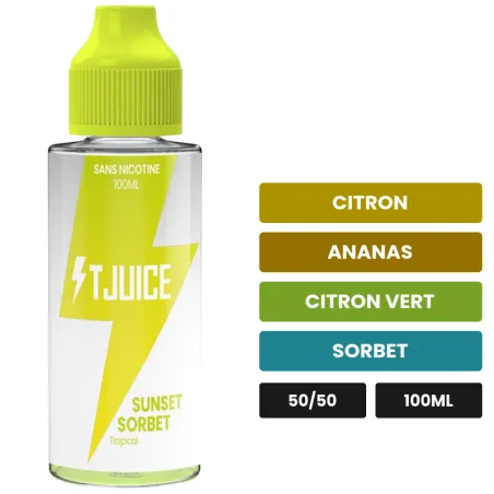 E-liquide Sunset Sorbet de T-Juice, 100 ml, saveurs citron, ananas, citron vert et 1 autre, sans nicotine — prêt à booster.