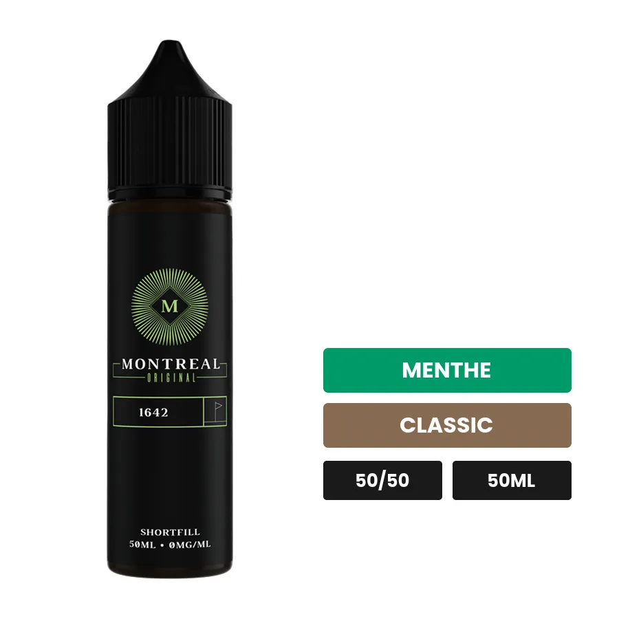 E-liquide 1642 de Montreal Original, 50 ml, saveurs menthe et classic, sans nicotine — prêt à booster de nicotine.