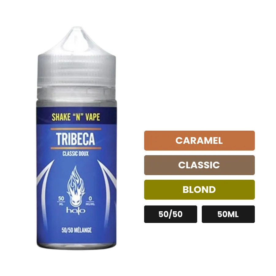 E-liquide Tribeca de Halo, 50 ml, saveurs caramel, classic et blond, sans nicotine — prêt à booster de nicotine.