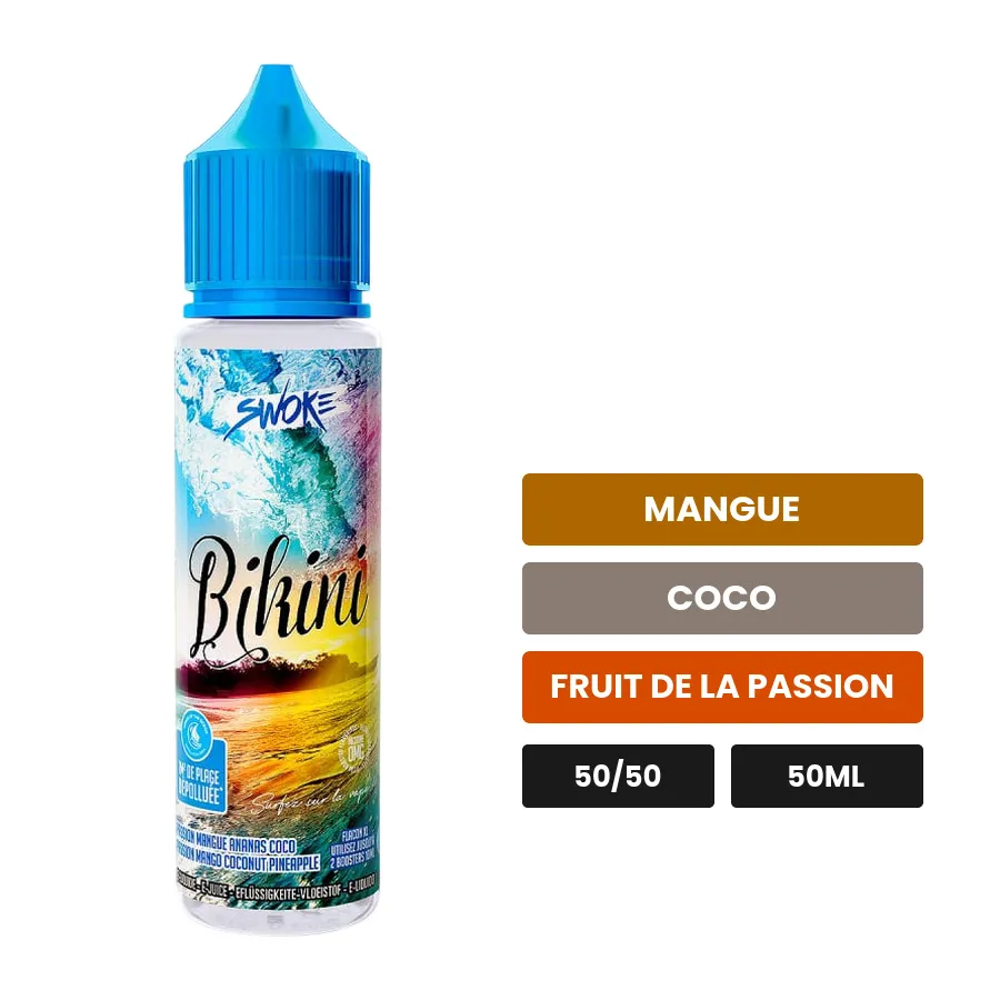 E-liquide Bikini de Swoke, 50 ml, saveurs mangue, coco et fruit de la passion, sans nicotine — prêt à booster de nicotine.