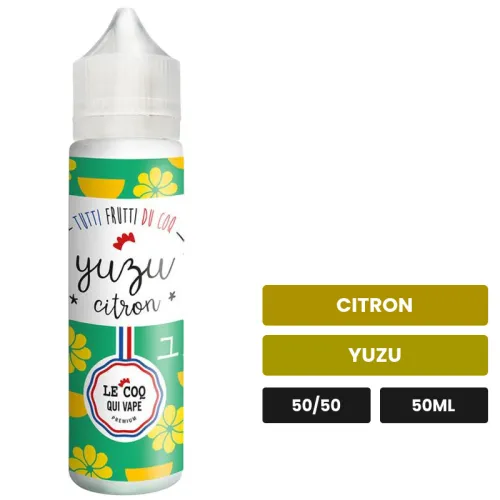 E-liquide Yuzu Citron de Le Coq Qui Vape, 50 ml, saveurs citron et yuzu, sans nicotine — prêt à booster de nicotine.
