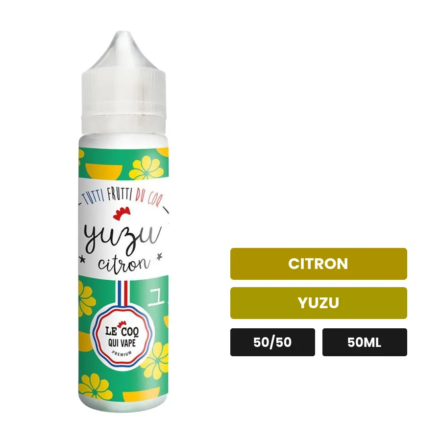 E-liquide Yuzu Citron de Le Coq Qui Vape, 50 ml, saveurs citron et yuzu, sans nicotine — prêt à booster de nicotine.