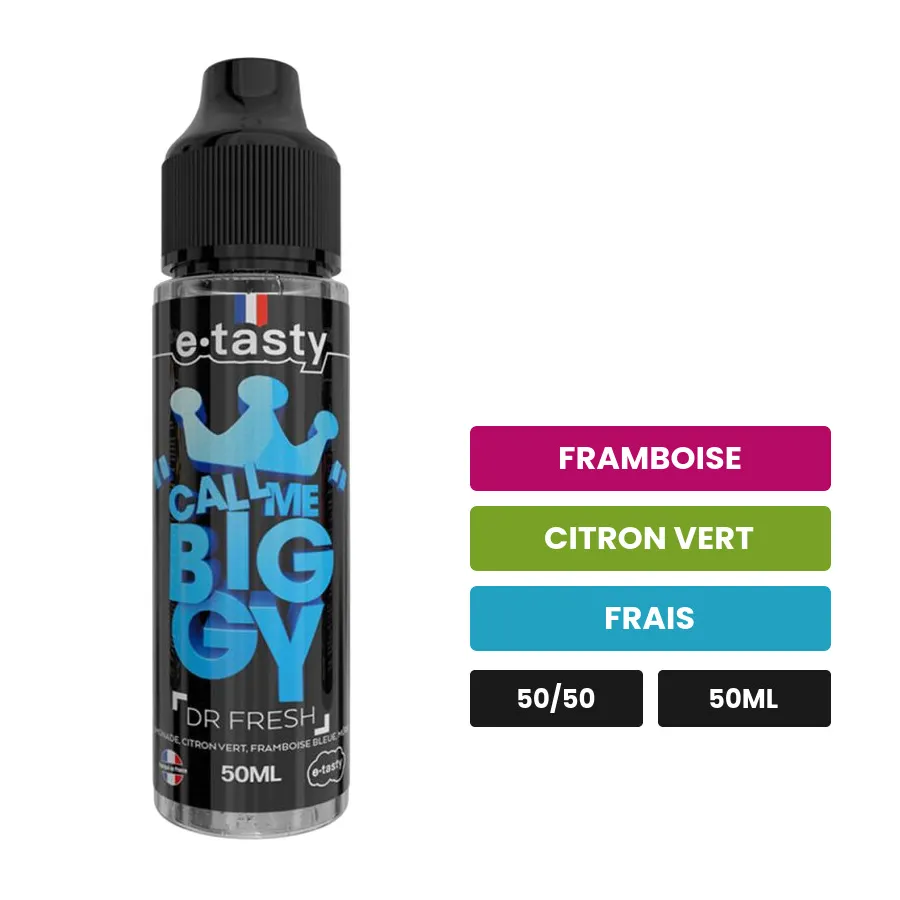 E-liquide Dr Fresh d'E.Tasty, 50 ml, saveurs framboise, citron vert et frais, sans nicotine — prêt à booster de nicotine.